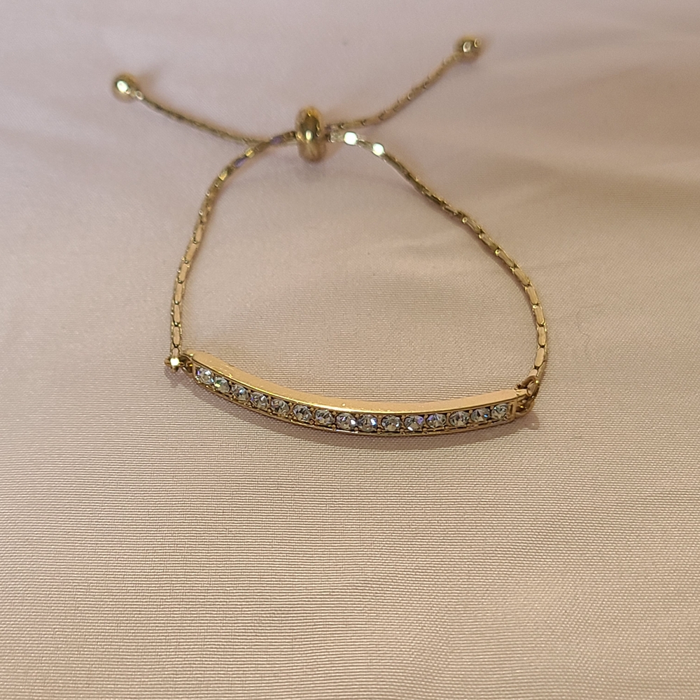 Gold Tone Cobra Chain Crystal Bar Bolo Adjustable Slide Tennis Bracelet Elegant